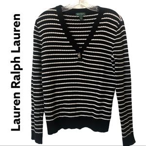 LRL Striped Long Sleeve Pullover V Neck Cotton Sweater Black& White 🌸HP M